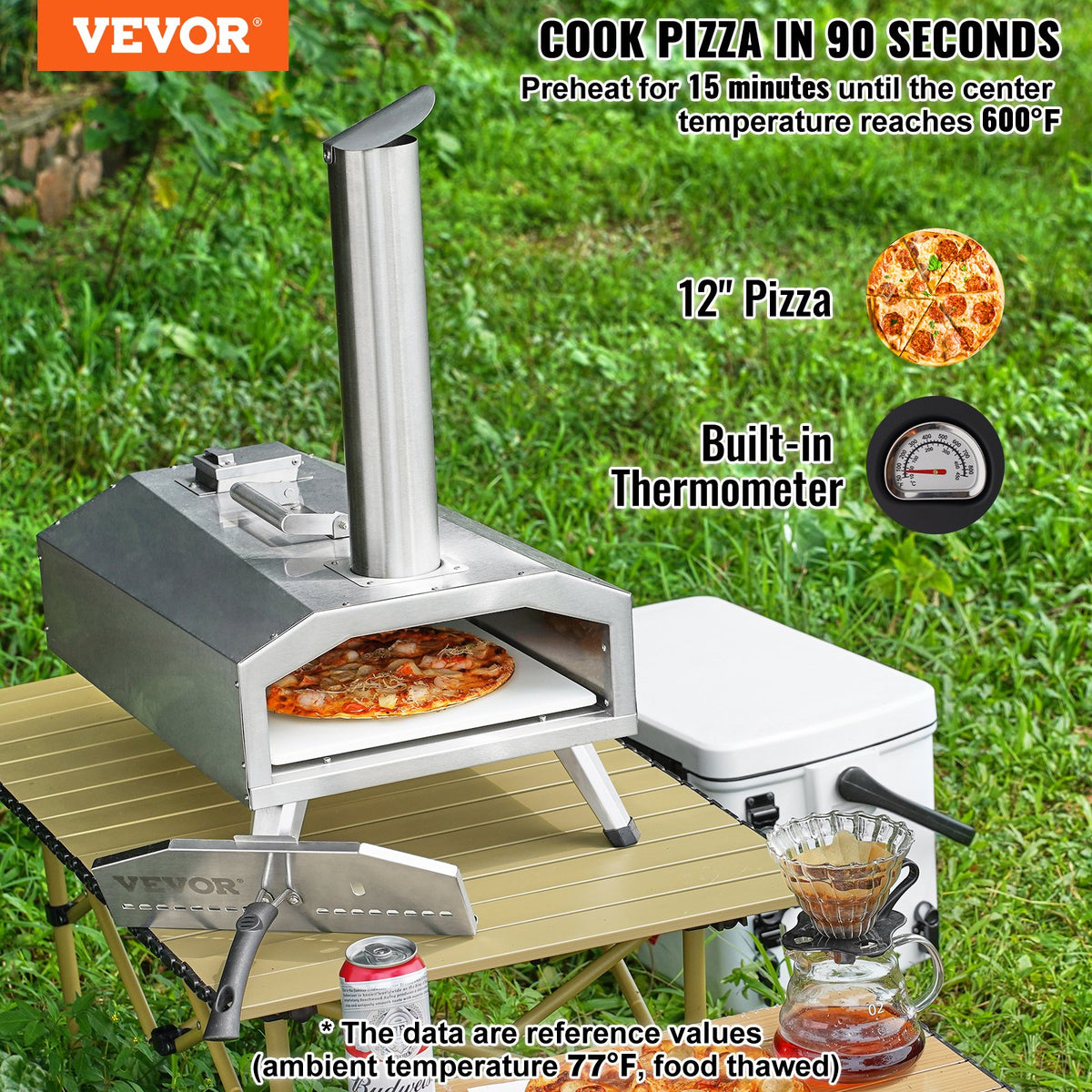 VEVOR Portable Outdoor Oven, 12-inch Pizza Oven, Pellet & Chips & Charcoal Tri-Fuel, Stainless Steel Pizza Grill, Includes Pizza Stone, Waterproof Cover, Shovel, Ideal for Camping & Backyard, Silver - BXPSL12YCKLB109Y9V0 - view 3