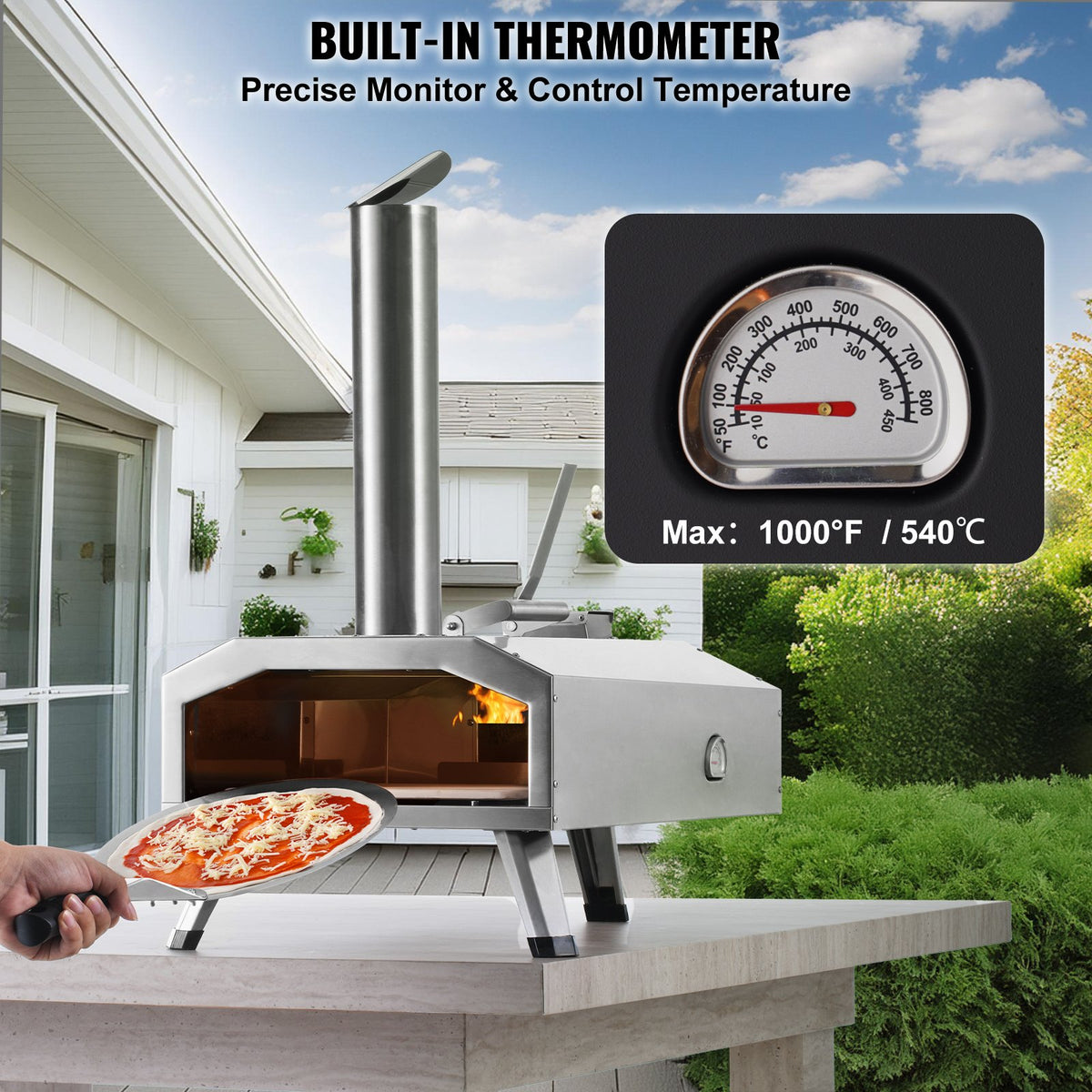 VEVOR Portable Outdoor Oven, 12-inch Pizza Oven, Pellet & Chips & Charcoal Tri-Fuel, Stainless Steel Pizza Grill, Includes Pizza Stone, Waterproof Cover, Shovel, Ideal for Camping & Backyard, Silver - BXPSL12YCKLB109Y9V0 - view 5