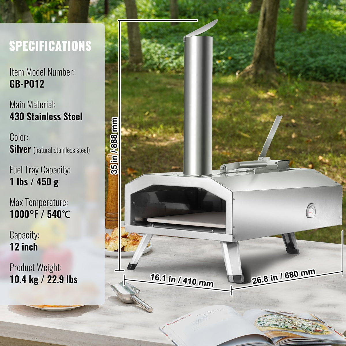 VEVOR Portable Outdoor Oven, 12-inch Pizza Oven, Pellet & Chips & Charcoal Tri-Fuel, Stainless Steel Pizza Grill, Includes Pizza Stone, Waterproof Cover, Shovel, Ideal for Camping & Backyard, Silver - BXPSL12YCKLB109Y9V0 - view 8