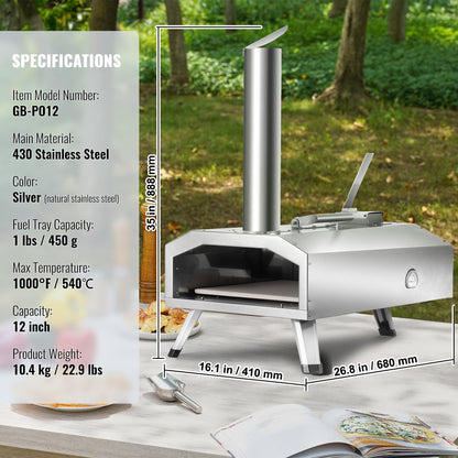 VEVOR Portable Outdoor Oven, 12-inch Pizza Oven, Pellet & Chips & Charcoal Tri-Fuel, Stainless Steel Pizza Grill, Includes Pizza Stone, Waterproof Cover, Shovel, Ideal for Camping & Backyard, Silver - BXPSL12YCKLB109Y9V0 - view 8