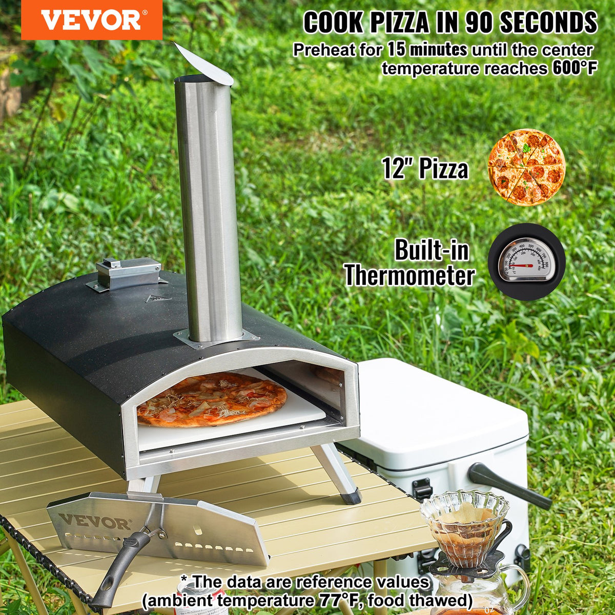 VEVOR Portable Outdoor Oven, 12-inch Pizza Oven, Pellet & Chips & Charcoal Tri-Fuel, Iron Spray Pizza Grill, Includes Pizza Stone, Waterproof Cover, Shovel, Ideal for Camping & Backyard, Black - BXPSL12YCKLPIX7UGV0 - view 3