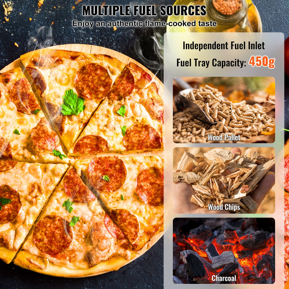 VEVOR Portable Outdoor Oven, 12-inch Pizza Oven, Pellet & Chips & Charcoal Tri-Fuel, Iron Spray Pizza Grill, Includes Pizza Stone, Waterproof Cover, Shovel, Ideal for Camping & Backyard, Black - BXPSL12YCKLPIX7UGV0 - view 4