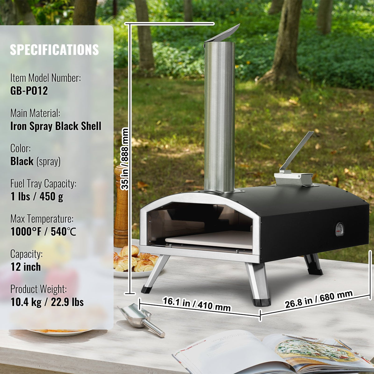 VEVOR Portable Outdoor Oven, 12-inch Pizza Oven, Pellet & Chips & Charcoal Tri-Fuel, Iron Spray Pizza Grill, Includes Pizza Stone, Waterproof Cover, Shovel, Ideal for Camping & Backyard, Black - BXPSL12YCKLPIX7UGV0 - view 8