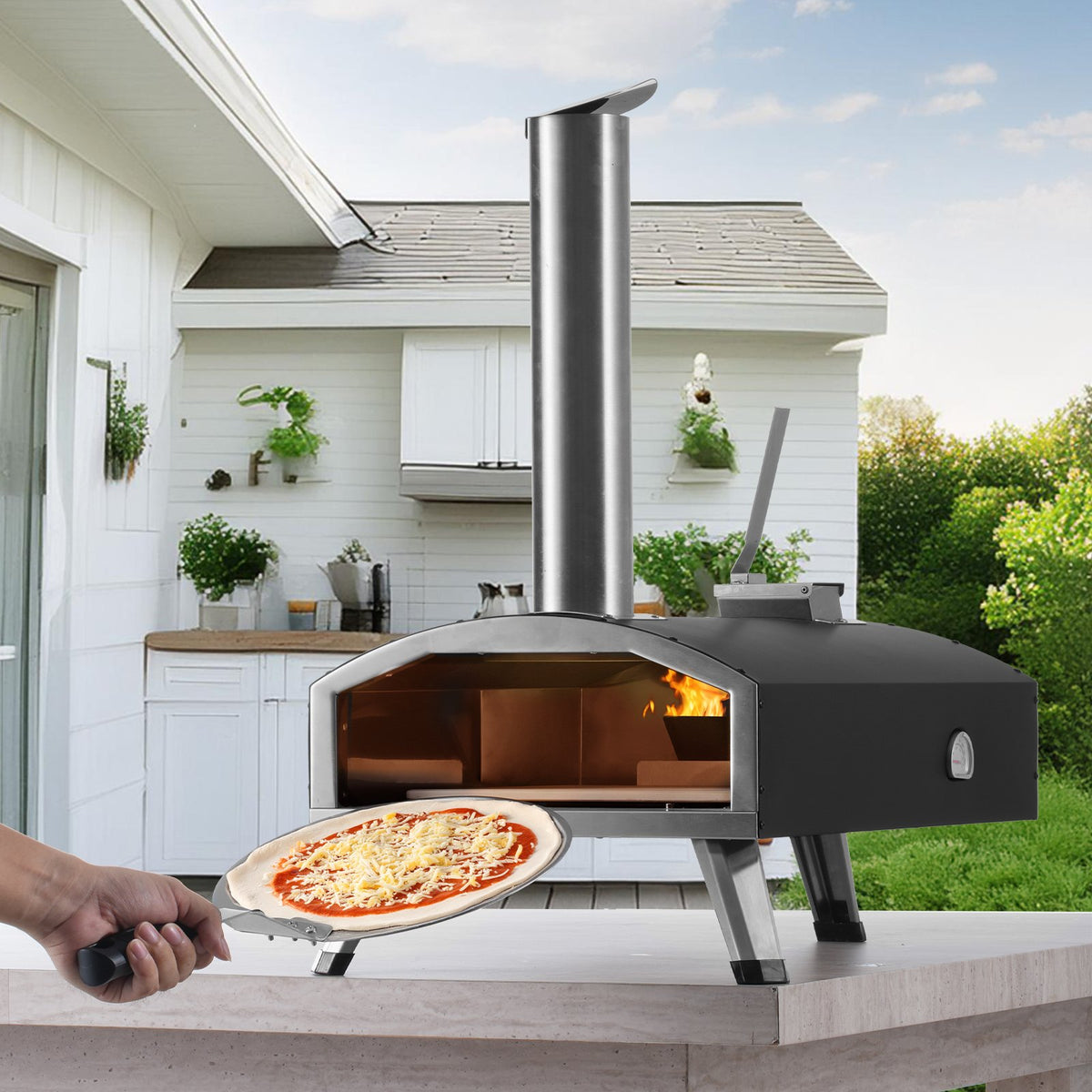 VEVOR Portable Outdoor Oven, 12-inch Pizza Oven, Pellet & Chips & Charcoal Tri-Fuel, Iron Spray Pizza Grill, Includes Pizza Stone, Waterproof Cover, Shovel, Ideal for Camping & Backyard, Black - BXPSL12YCKLPIX7UGV0 - view 9