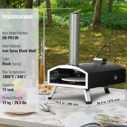 VEVOR Portable Outdoor Oven, 12-inch Pizza Oven, Pellet & Chips & Charcoal Tri-Fuel, Iron Spray Pizza Grill, Includes 210° Rotatable Pizza Stone, Scoop, Ideal for Camping & Backyard, Black - BXPSL12YCKLPK77LXV0 - view 8