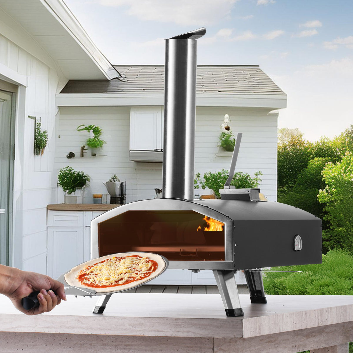 VEVOR Portable Outdoor Oven, 12-inch Pizza Oven, Pellet & Chips & Charcoal Tri-Fuel, Iron Spray Pizza Grill, Includes 210° Rotatable Pizza Stone, Scoop, Ideal for Camping & Backyard, Black - BXPSL12YCKLPK77LXV0 - view 9
