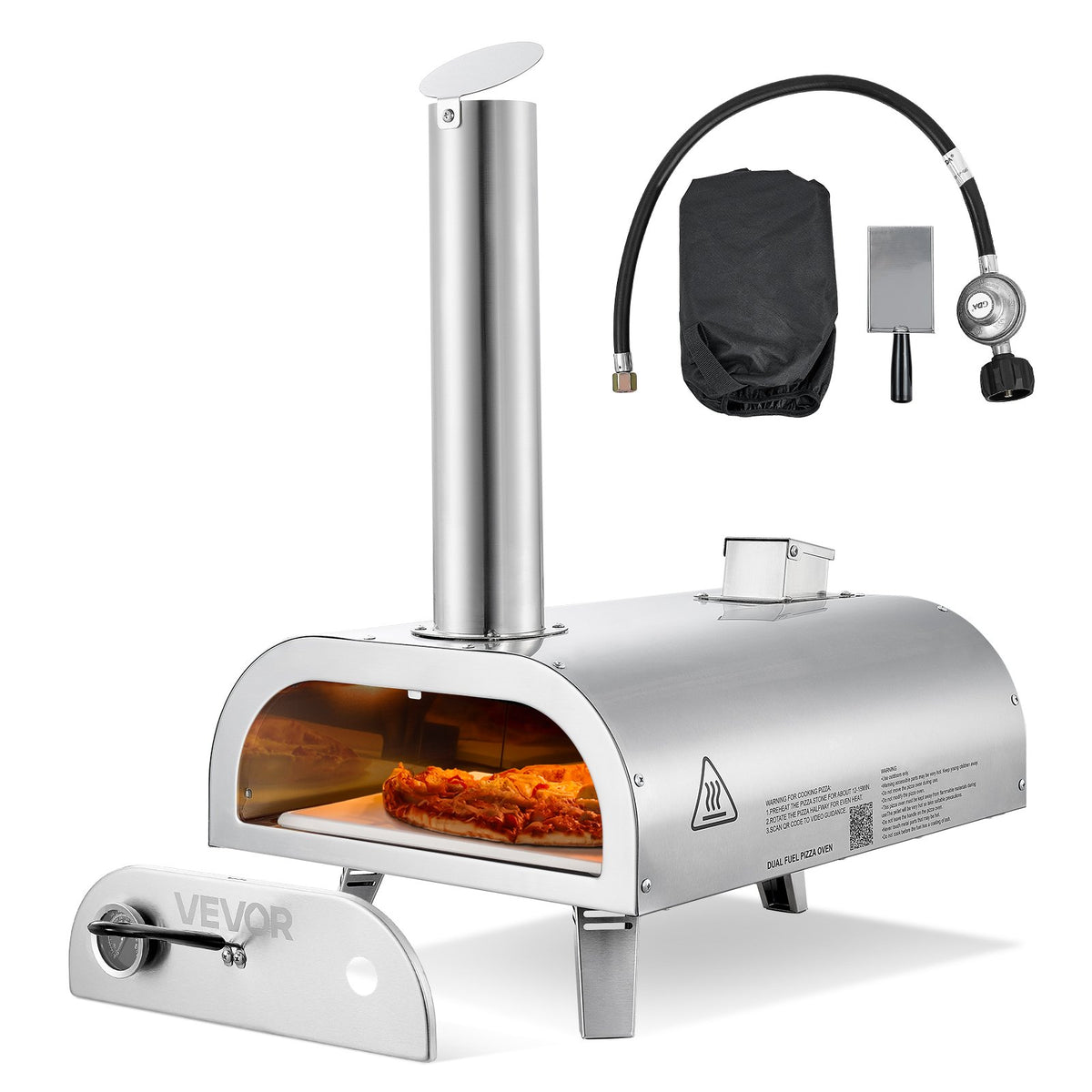 VEVOR Dual Fuel Pizza Oven Outdoor, 12 Inch Wood Fire & Propane Gas Pizza Oven, Pellet & Propane Pizza-Maker with Thermometer, Stainless Steel Pizza-Cook for Outside Camping & Backyard - BXPSLDNZWDJB2V24Q001V0 - view 1