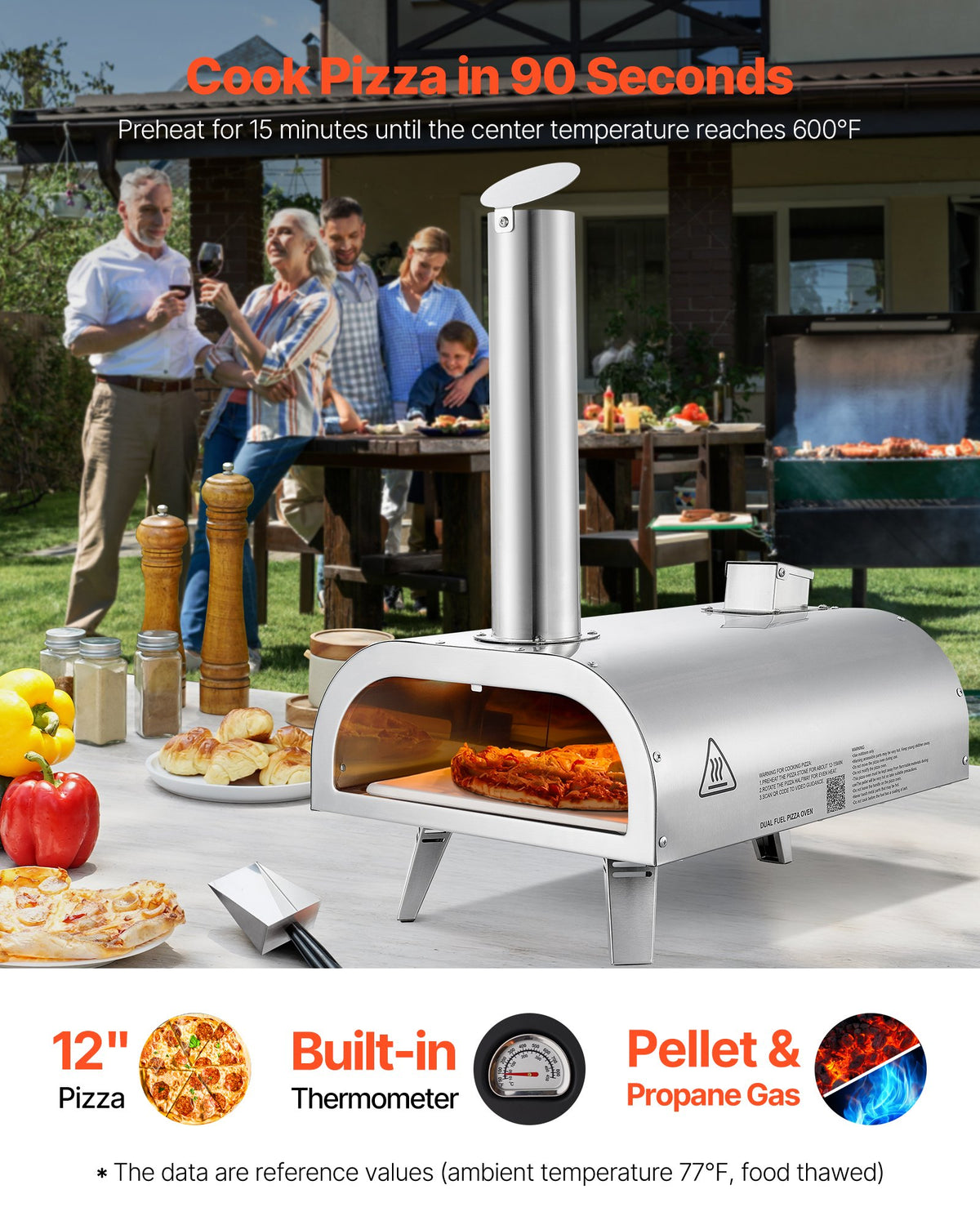 VEVOR Dual Fuel Pizza Oven Outdoor, 12 Inch Wood Fire & Propane Gas Pizza Oven, Pellet & Propane Pizza-Maker with Thermometer, Stainless Steel Pizza-Cook for Outside Camping & Backyard - BXPSLDNZWDJB2V24Q001V0 - view 3