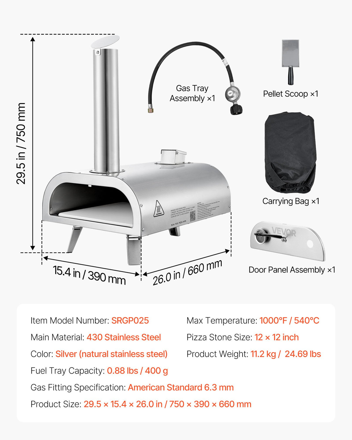 VEVOR Dual Fuel Pizza Oven Outdoor, 12 Inch Wood Fire & Propane Gas Pizza Oven, Pellet & Propane Pizza-Maker with Thermometer, Stainless Steel Pizza-Cook for Outside Camping & Backyard - BXPSLDNZWDJB2V24Q001V0 - view 8