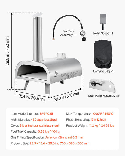 VEVOR Dual Fuel Pizza Oven Outdoor, 12 Inch Wood Fire & Propane Gas Pizza Oven, Pellet & Propane Pizza-Maker with Thermometer, Stainless Steel Pizza-Cook for Outside Camping & Backyard - BXPSLDNZWDJB2V24Q001V0 - view 8
