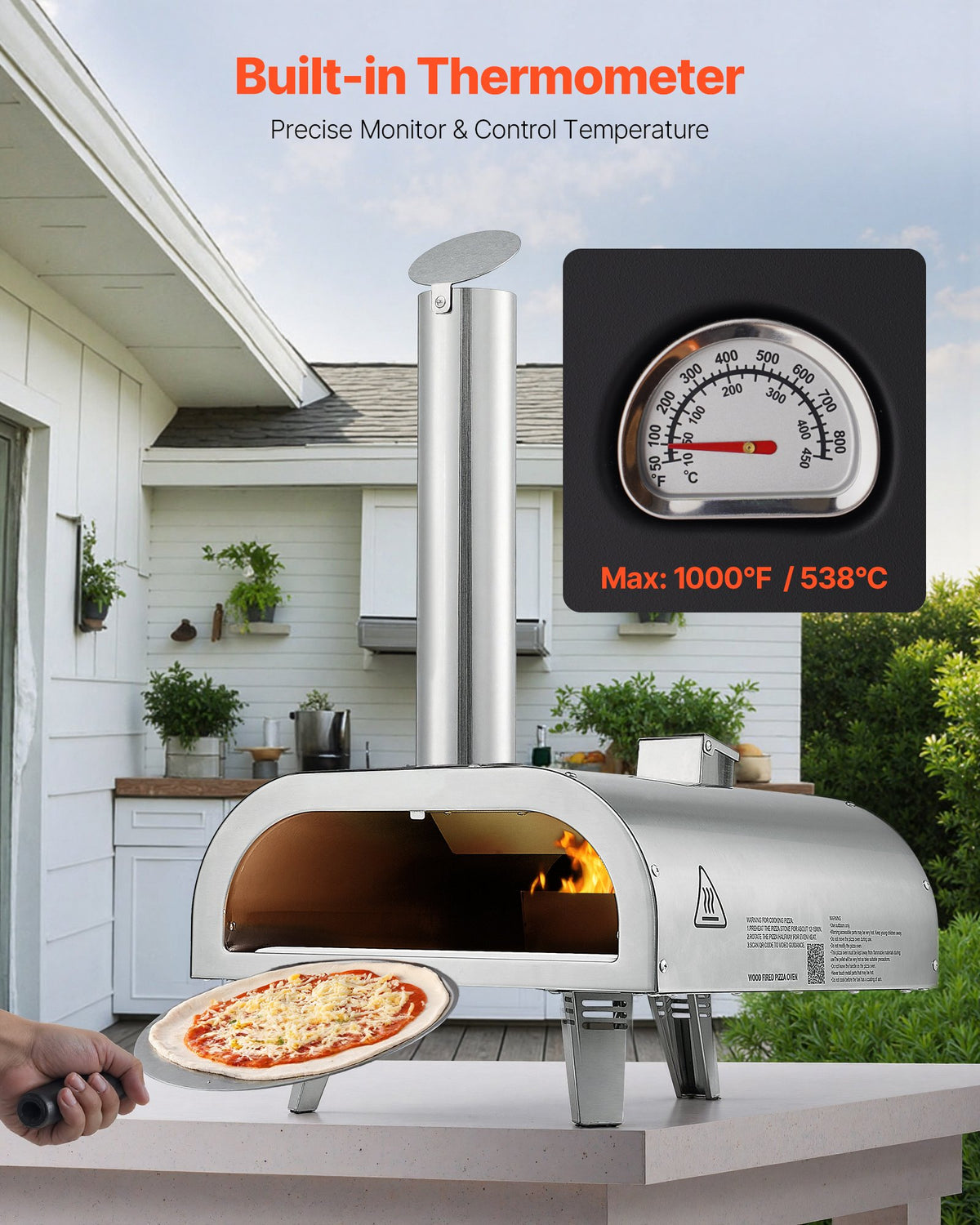 VEVOR Pizza Oven Outdoor, 12" Pellet Pizza Oven, Portable Pizza-Stove with Built-in Thermometer, Wood Fired Stainless Steel Pizza-Maker, for Backyard, Camping, Pizza-Stone, Shovel, Carry Bag, Silver - BXPSLDNZWDJBYMH4A001V0 - view 5