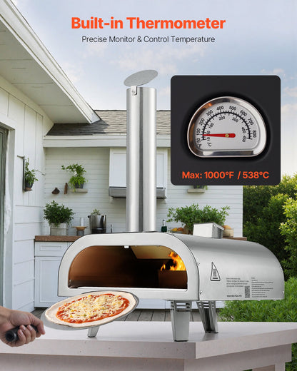 VEVOR Pizza Oven Outdoor, 12" Pellet Pizza Oven, Portable Pizza-Stove with Built-in Thermometer, Wood Fired Stainless Steel Pizza-Maker, for Backyard, Camping, Pizza-Stone, Shovel, Carry Bag, Silver - BXPSLDNZWDJBYMH4A001V0 - view 5