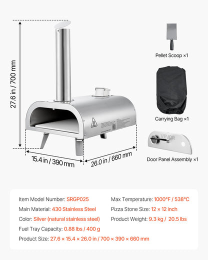 VEVOR Pizza Oven Outdoor, 12" Pellet Pizza Oven, Portable Pizza-Stove with Built-in Thermometer, Wood Fired Stainless Steel Pizza-Maker, for Backyard, Camping, Pizza-Stone, Shovel, Carry Bag, Silver - BXPSLDNZWDJBYMH4A001V0 - view 8