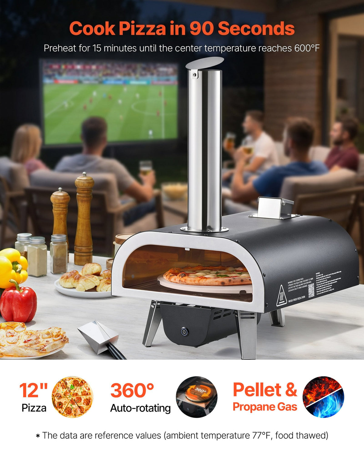VEVOR Dual Fuel Pizza Oven Outdoor, 12 in Wood Fire & Propane Gas Pizza Oven, Pellet & Propane Pizza-Maker with Thermometer, Iron Spray Electric Rotation Pizza-Cook for Outside Camping & Backyard - BXPSLDNZWDJP63M9D001V9 - view 3