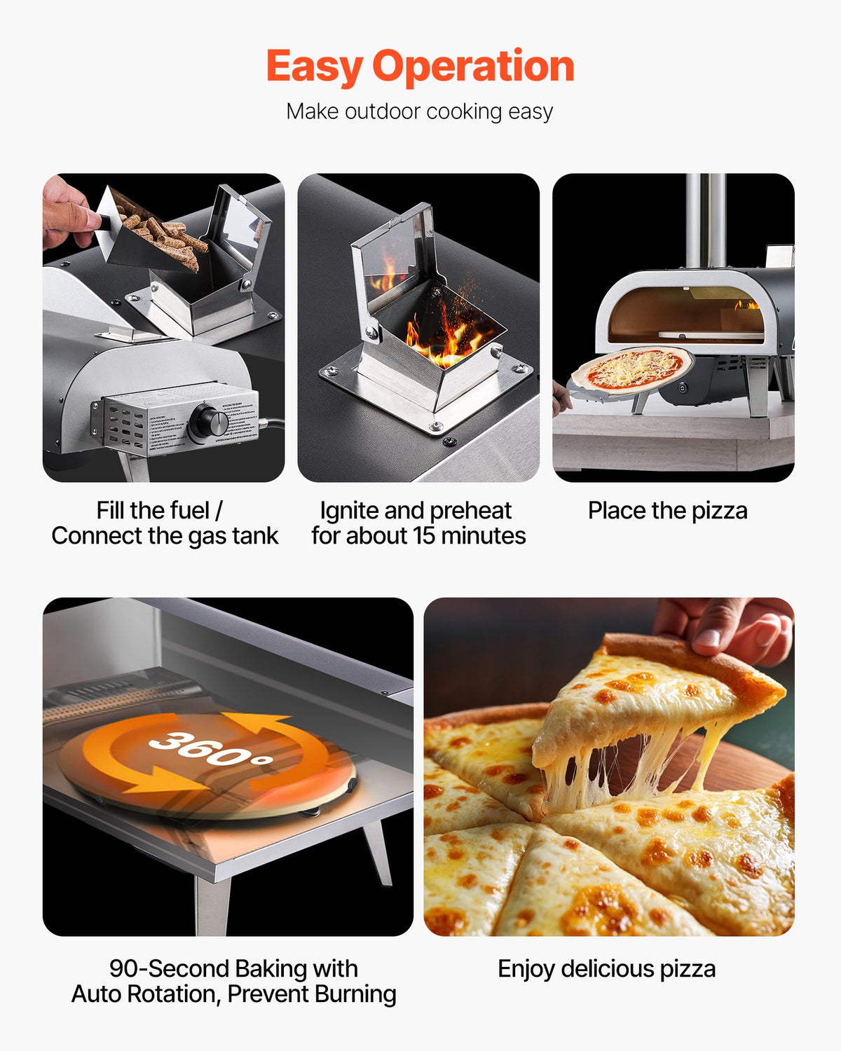 VEVOR Dual Fuel Pizza Oven Outdoor, 12 in Wood Fire & Propane Gas Pizza Oven, Pellet & Propane Pizza-Maker with Thermometer, Iron Spray Electric Rotation Pizza-Cook for Outside Camping & Backyard - BXPSLDNZWDJP63M9D001V9 - view 8
