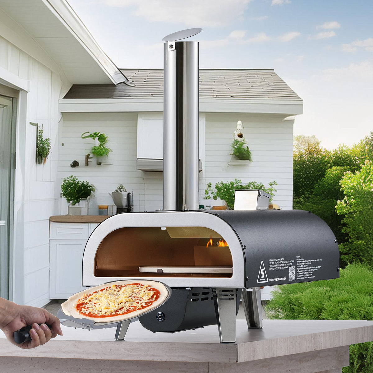VEVOR Dual Fuel Pizza Oven Outdoor, 12 in Wood Fire & Propane Gas Pizza Oven, Pellet & Propane Pizza-Maker with Thermometer, Iron Spray Electric Rotation Pizza-Cook for Outside Camping & Backyard - BXPSLDNZWDJP63M9D001V9 - view 9