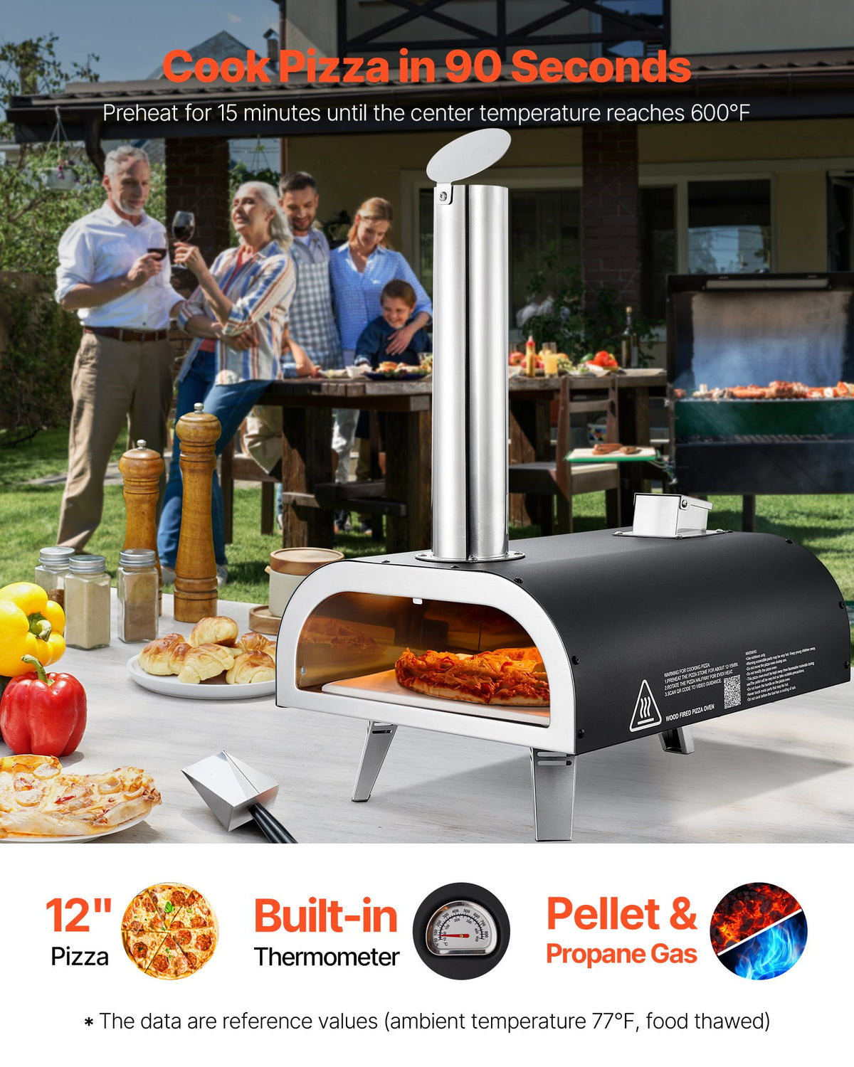 VEVOR Dual Fuel Pizza Oven Outdoor, 12 in Wood Fire & Propane Gas Pizza Oven, Portable Pellet & Propane Pizza-Maker with Thermometer, Iron Spray Black Shell Pizza-Cook for Outside Camping & Backyard - BXPSLDNZWDJP7H86H001V0 - view 3