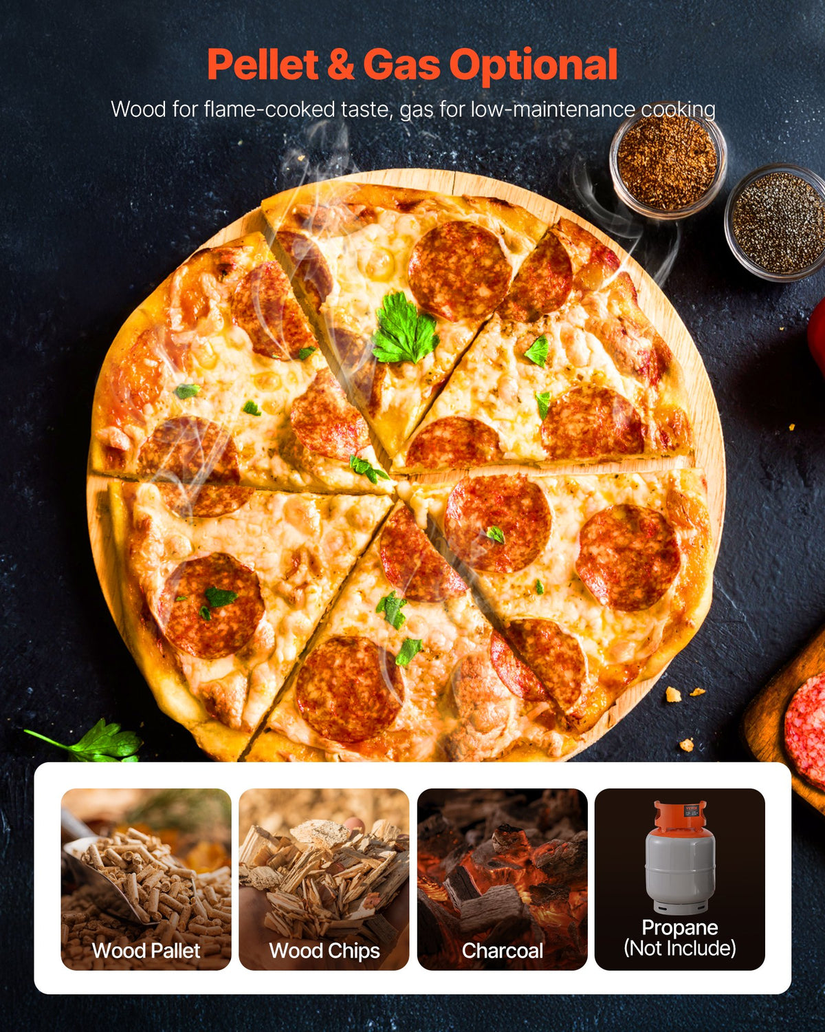 VEVOR Dual Fuel Pizza Oven Outdoor, 12 in Wood Fire & Propane Gas Pizza Oven, Portable Pellet & Propane Pizza-Maker with Thermometer, Iron Spray Black Shell Pizza-Cook for Outside Camping & Backyard - BXPSLDNZWDJP7H86H001V0 - view 4