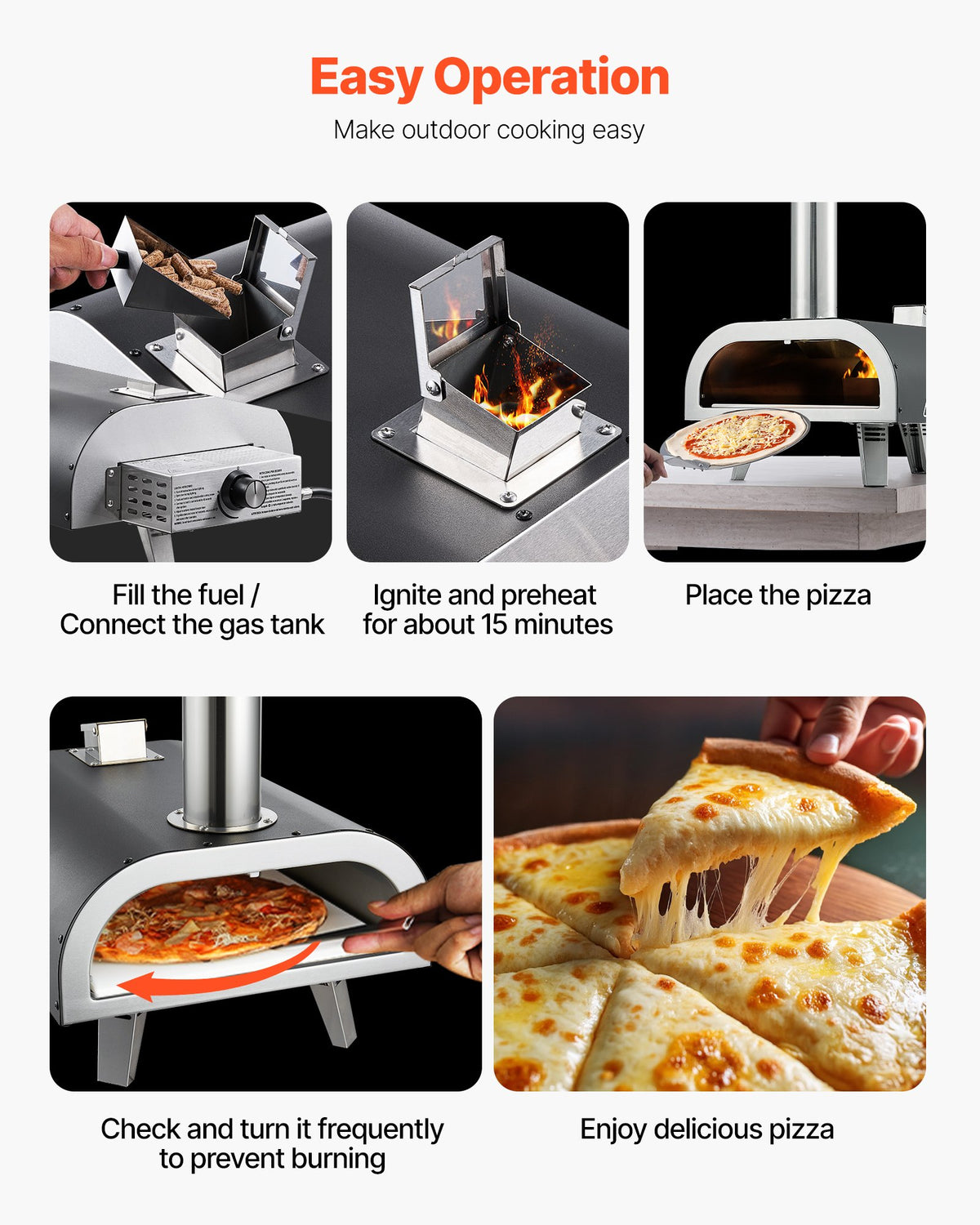 VEVOR Dual Fuel Pizza Oven Outdoor, 12 in Wood Fire & Propane Gas Pizza Oven, Portable Pellet & Propane Pizza-Maker with Thermometer, Iron Spray Black Shell Pizza-Cook for Outside Camping & Backyard - BXPSLDNZWDJP7H86H001V0 - view 7