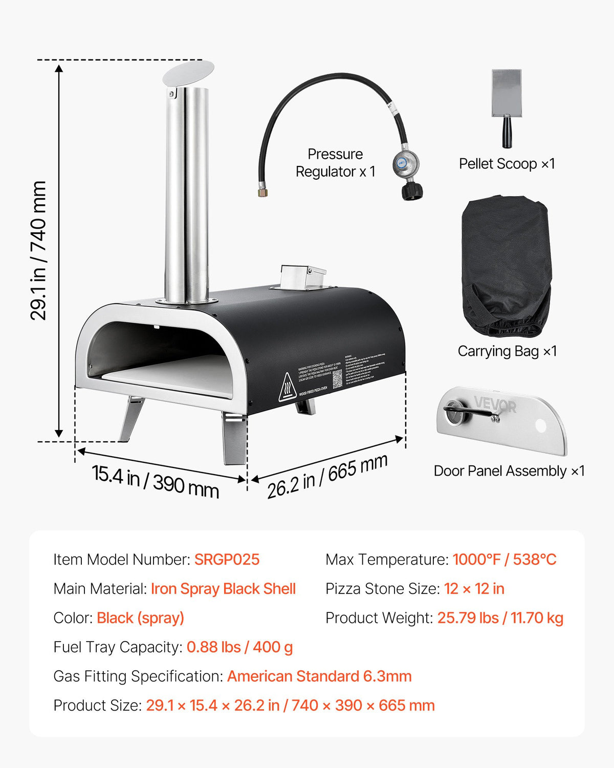 VEVOR Dual Fuel Pizza Oven Outdoor, 12 in Wood Fire & Propane Gas Pizza Oven, Portable Pellet & Propane Pizza-Maker with Thermometer, Iron Spray Black Shell Pizza-Cook for Outside Camping & Backyard - BXPSLDNZWDJP7H86H001V0 - view 8