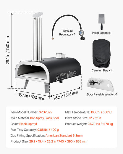 VEVOR Dual Fuel Pizza Oven Outdoor, 12 in Wood Fire & Propane Gas Pizza Oven, Portable Pellet & Propane Pizza-Maker with Thermometer, Iron Spray Black Shell Pizza-Cook for Outside Camping & Backyard - BXPSLDNZWDJP7H86H001V0 - view 8