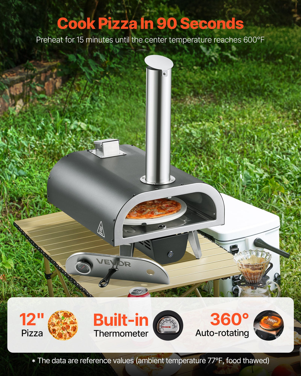 VEVOR Outdoor Pizza Oven, 12 in Wood Fired Pizza Ovens, Pellet Pizza-Stove with Thermometer & Electric Rotation, Portable Pizza-Maker for Outside Backyard Patio Camping, Pizza-Stone, Carry Bag, Shovel - BXPSLDNZWDJPCLPZU001V9 - view 3