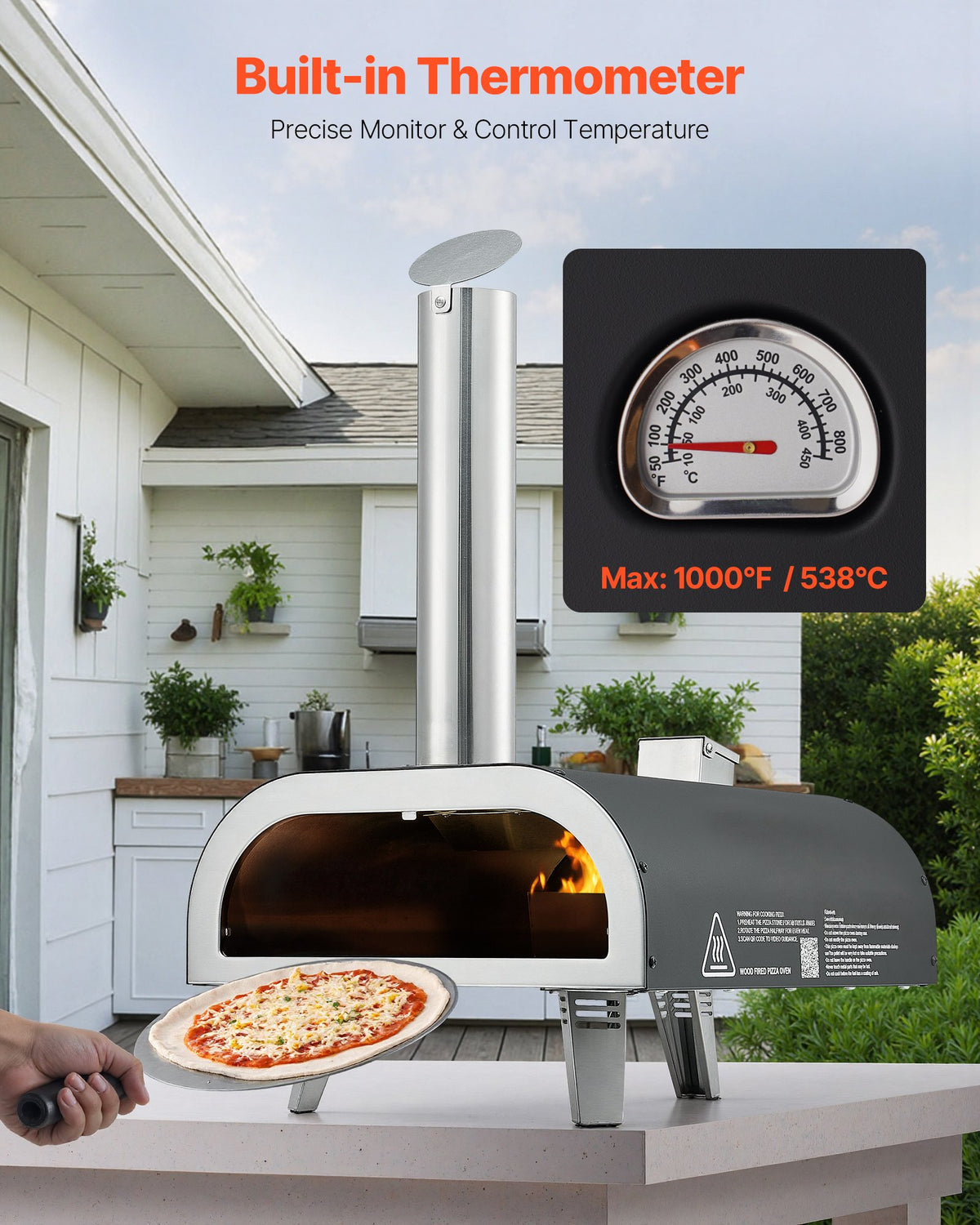 VEVOR Outdoor Pizza Oven, 12 Inch Wood Fired Pizza Ovens, Pellet Pizza-Stove with Thermometer, Portable Pizza-Maker for Outside Backyard Patio Camping, Pizza-Stone, Carry Bag, Shovel, Black - BXPSLDNZWDJPFZ2JF001V0 - view 5