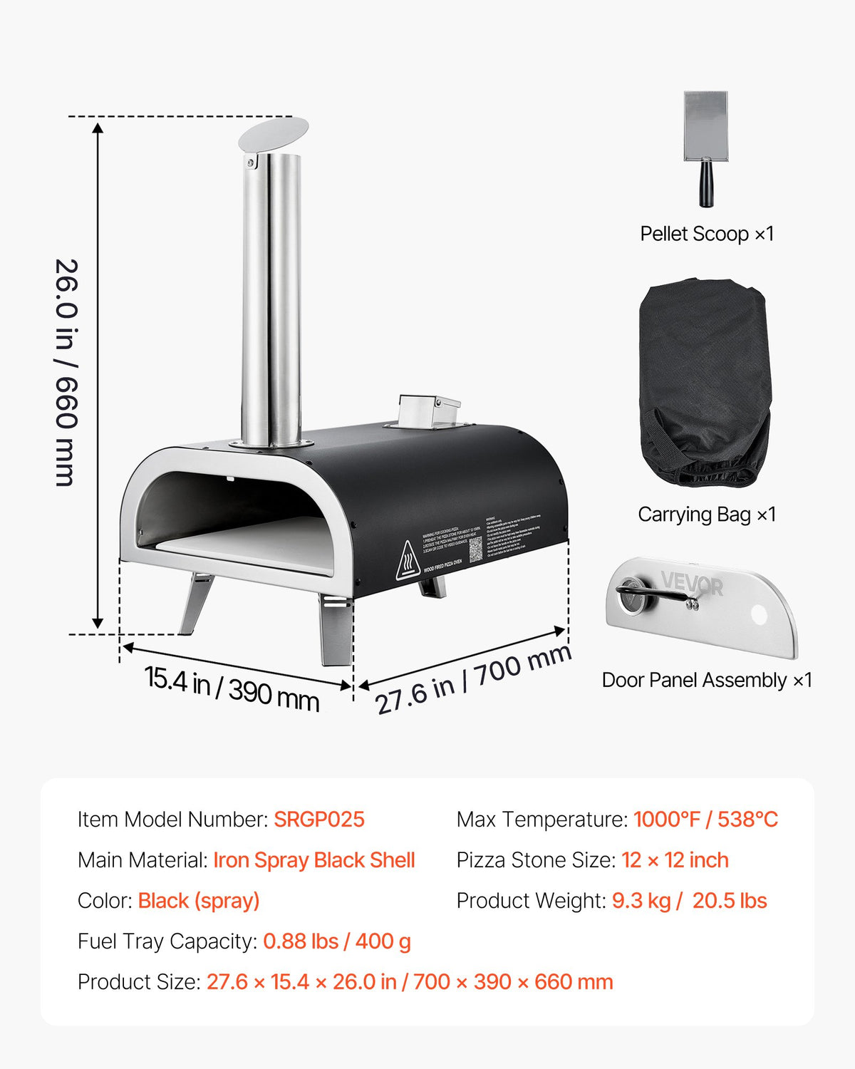 VEVOR Outdoor Pizza Oven, 12 Inch Wood Fired Pizza Ovens, Pellet Pizza-Stove with Thermometer, Portable Pizza-Maker for Outside Backyard Patio Camping, Pizza-Stone, Carry Bag, Shovel, Black - BXPSLDNZWDJPFZ2JF001V0 - view 8