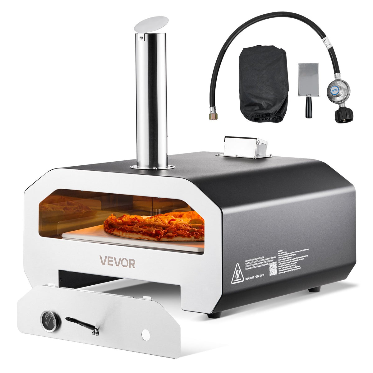 VEVOR Dual Fuel Pizza Oven Outdoor, 16 in Wood Fire & Propane Gas Pizza Oven, Portable Pellet & Propane Pizza-Maker with Thermometer, Iron Spray Black Shell Pizza-Cook for Outside Camping & Backyard - BXPSLDNZWDJPG18F6001V0 - view 1