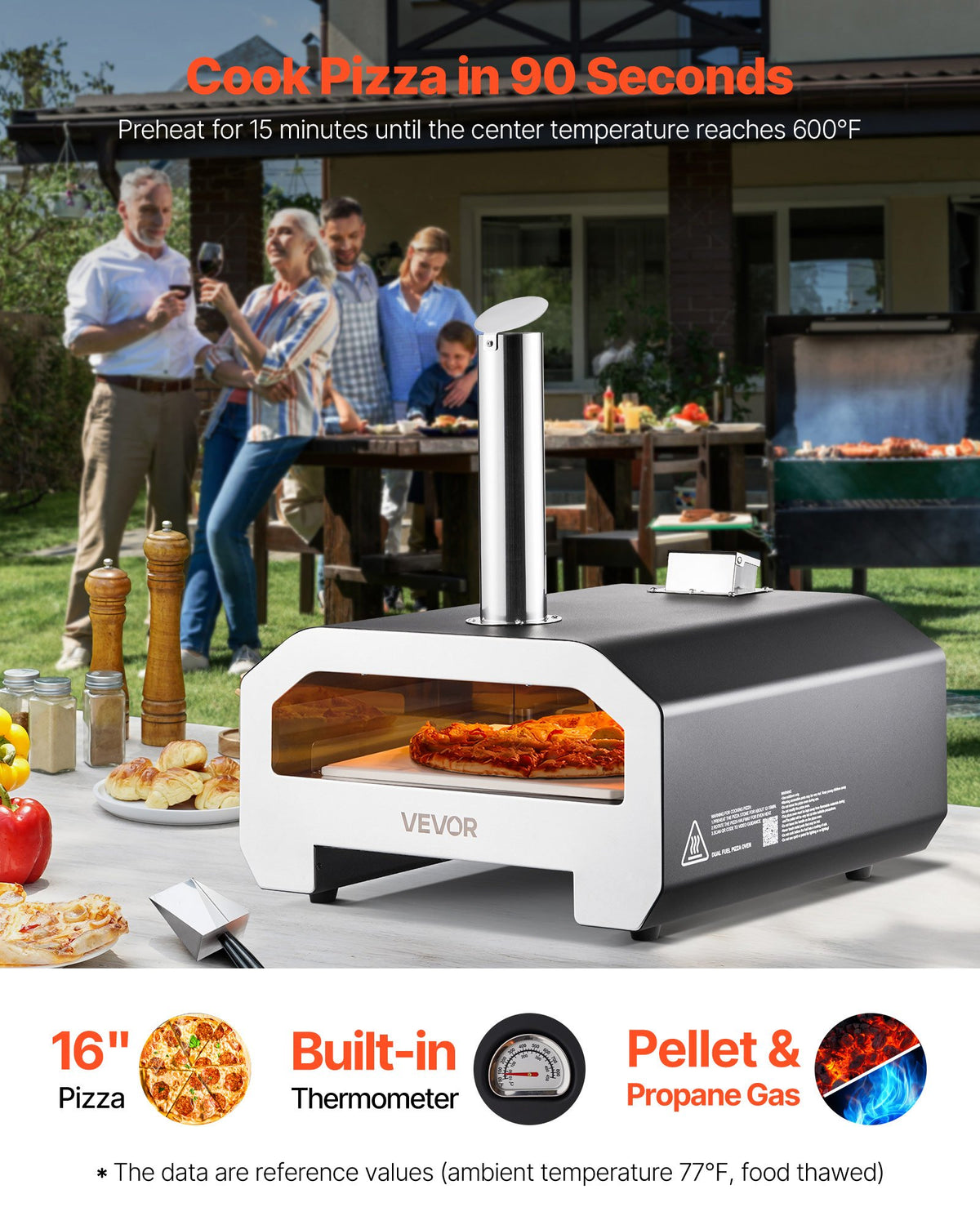 VEVOR Dual Fuel Pizza Oven Outdoor, 16 in Wood Fire & Propane Gas Pizza Oven, Portable Pellet & Propane Pizza-Maker with Thermometer, Iron Spray Black Shell Pizza-Cook for Outside Camping & Backyard - BXPSLDNZWDJPG18F6001V0 - view 3