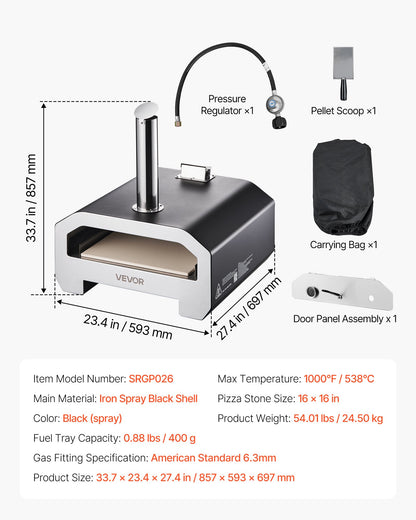 VEVOR Dual Fuel Pizza Oven Outdoor, 16 in Wood Fire & Propane Gas Pizza Oven, Portable Pellet & Propane Pizza-Maker with Thermometer, Iron Spray Black Shell Pizza-Cook for Outside Camping & Backyard - BXPSLDNZWDJPG18F6001V0 - view 8