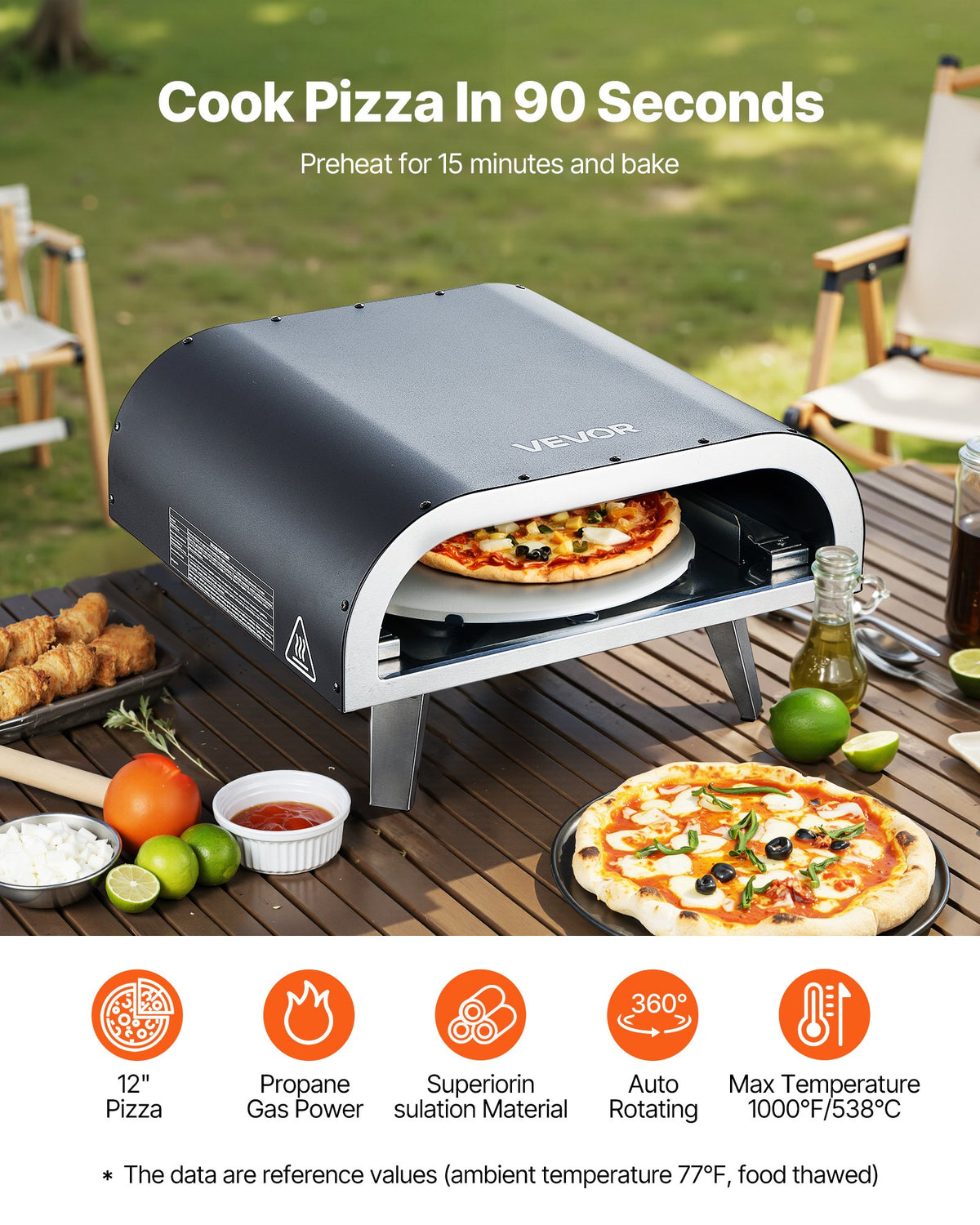 VEVOR Outdoor Pizza Oven, 12 in Propane Gas Pizza Maker, Portable Pizza-Cooker with  Electric Rotation, Thickened Pizza-Stone, Carry Bag, Propane Pizza-Oven for Outside Backyard Patio Camping, Black - BXPSLWNZWDJPT87H6001V9 - view 3