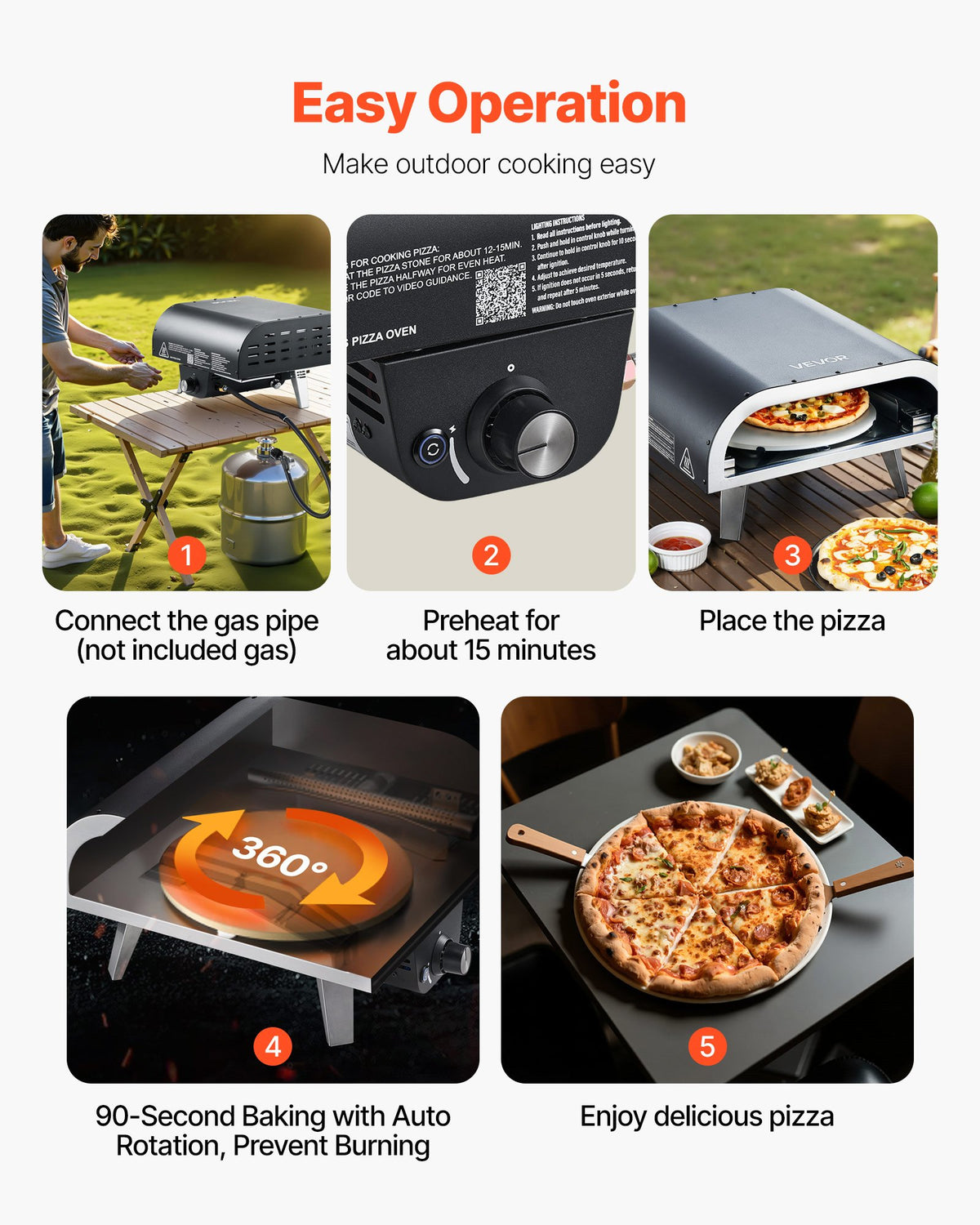 VEVOR Outdoor Pizza Oven, 12 in Propane Gas Pizza Maker, Portable Pizza-Cooker with  Electric Rotation, Thickened Pizza-Stone, Carry Bag, Propane Pizza-Oven for Outside Backyard Patio Camping, Black - BXPSLWNZWDJPT87H6001V9 - view 8