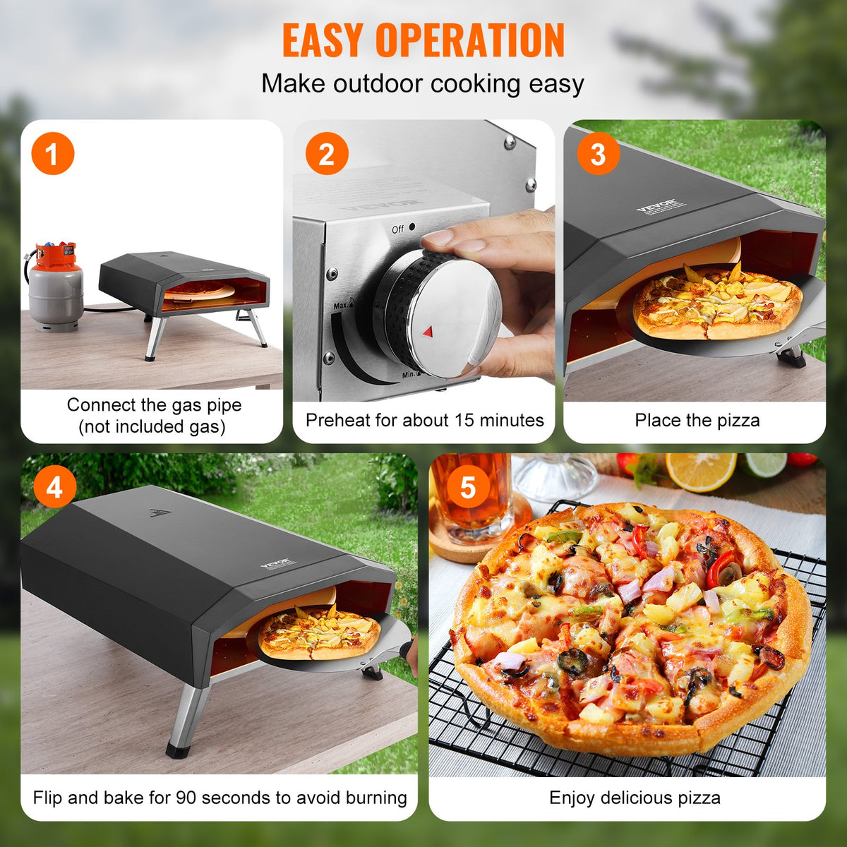 VEVOR Outdoor Pizza Oven, 13" Gas Fired Pizza Maker, Portable Outside Pizza Grill with Thickened Cordierite Pizza Stone, Waterproof Cover, Iron Spray Gas Oven with Foldable Leg for Camping & Backyard - BXPSLWNZWDJPWVMPWV0 - view 7