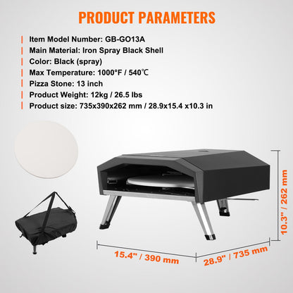 VEVOR Outdoor Pizza Oven, 13" Gas Fired Pizza Maker, Portable Outside Pizza Grill with Thickened Cordierite Pizza Stone, Waterproof Cover, Iron Spray Gas Oven with Foldable Leg for Camping & Backyard - BXPSLWNZWDJPWVMPWV0 - view 8