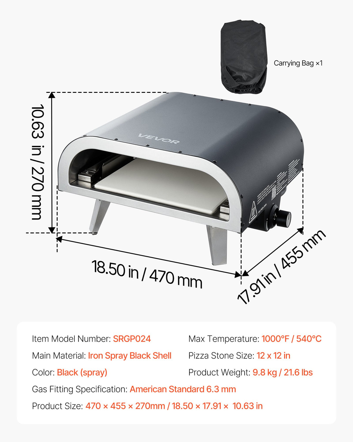VEVOR Propane Outdoor Pizza Oven, 12 Inch Gas Pizza Maker, Portable Pizza-Cooker with Thickened Pizza-Stone, Carry Bag, Pizza-Oven for Outside Backyard Patio Camping, Black - BXPSLWPTWXZG473H9001V0 - view 8
