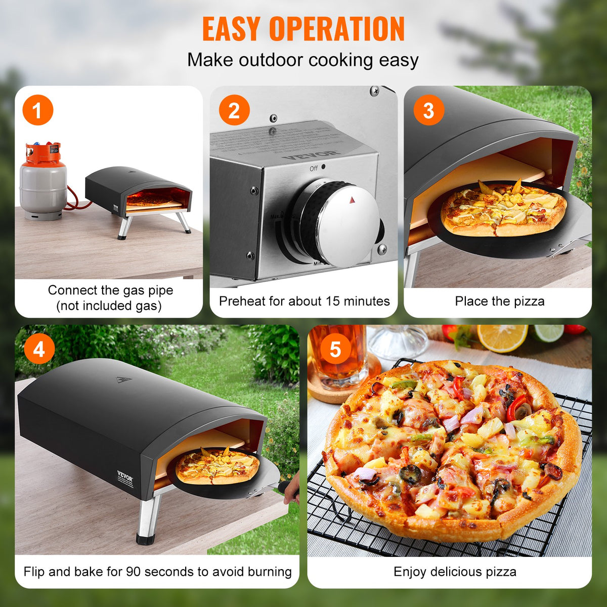 VEVOR Outdoor Pizza Oven, 12" Gas Fired Pizza Maker, Portable Outside Pizza Grill with Thickened Cordierite Pizza Stone, Waterproof Cover, Iron Spray Gas Oven with Foldable Leg for Camping & Backyard - BXPSLWPTWXZGNI9RBV0 - view 7