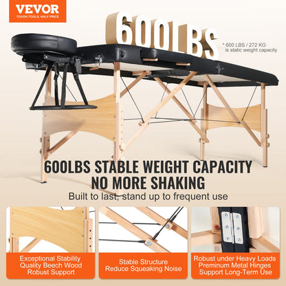VEVOR Portable Massage Table 28" W, 2 Folding Lightweight Massage Table, 8-Level Height Adjustable Salon Tattoo Bed, Spa Table with Headrest, Armrests, Hand Pallet & Carrying Bag, 600LBS - BXSAMCZXCGK5DI0AWV0 - view 3