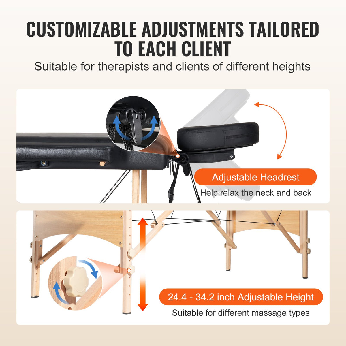 VEVOR Portable Massage Table 28" W, 2 Folding Lightweight Massage Table, 8-Level Height Adjustable Salon Tattoo Bed, Spa Table with Headrest, Armrests, Hand Pallet & Carrying Bag, 600LBS - BXSAMCZXCGK5DI0AWV0 - view 6