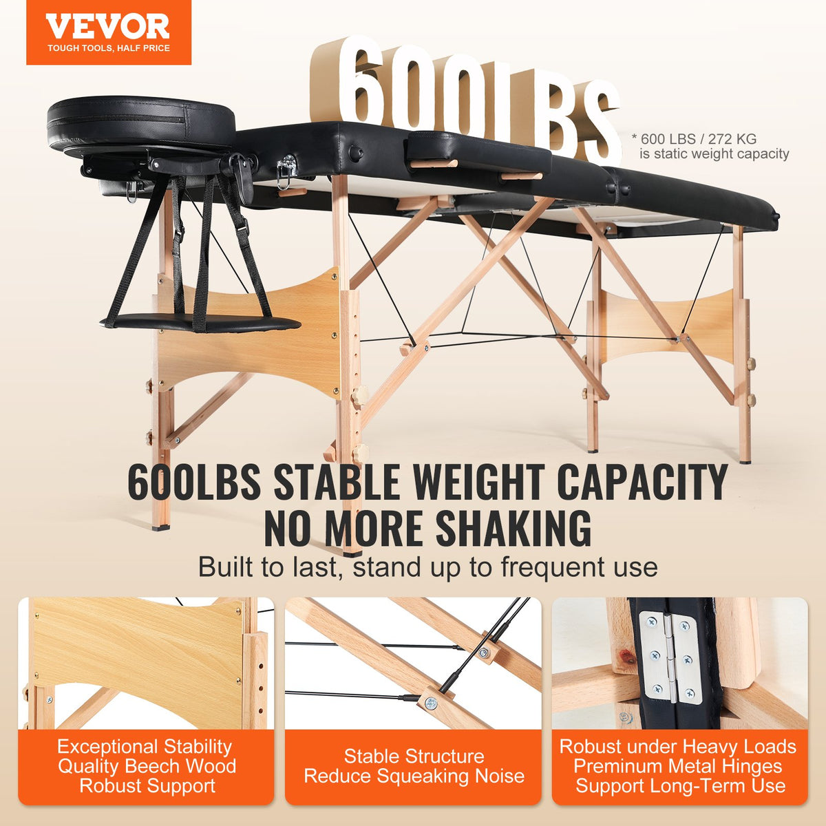 VEVOR Portable Massage Table 24" W, 2 Folding Lightweight Massage Table, 8-Level Height Adjustable Salon Tattoo Bed, Spa Table with Headrest, Armrests, Hand Pallet & Carrying Bag, 600LBS - BXSAMCZXCGK5K5KKEV0 - view 3