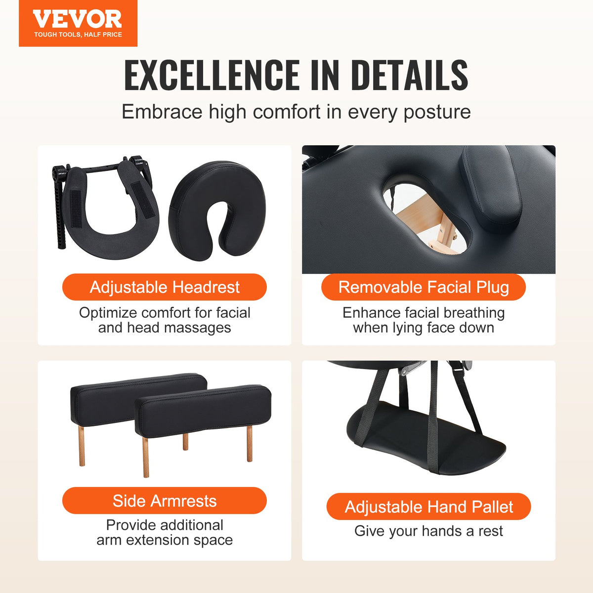VEVOR Portable Massage Table 24" W, 2 Folding Lightweight Massage Table, 8-Level Height Adjustable Salon Tattoo Bed, Spa Table with Headrest, Armrests, Hand Pallet & Carrying Bag, 600LBS - BXSAMCZXCGK5K5KKEV0 - view 8