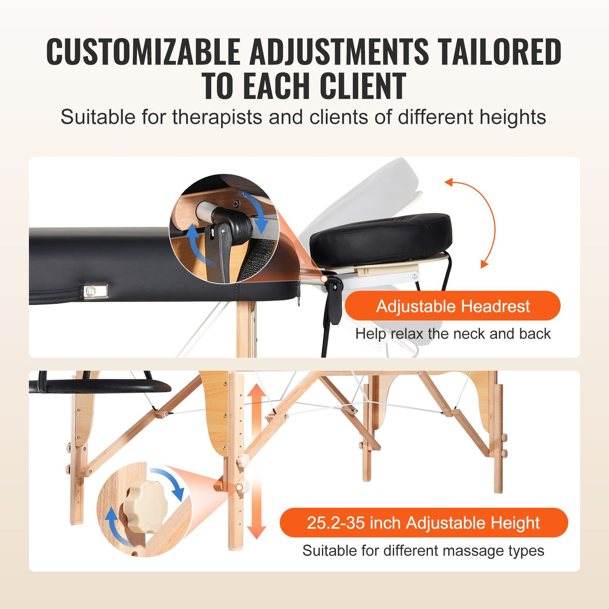 VEVOR Professional Wide Massage Table 30" W, Heavy Duty Folding Massage Table,  8-Level Height Adjustable Facial Salon Tattoo Bed, Portable Spa Table with Headrest, Hand Pallet & Carrying Bag, 750LBS - BXSAMCZYK750OS6CZV0 - view 6