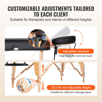 VEVOR Professional Wide Massage Table 30" W, Heavy Duty Folding Massage Table,  8-Level Height Adjustable Facial Salon Tattoo Bed, Portable Spa Table with Headrest, Hand Pallet & Carrying Bag, 750LBS - BXSAMCZYK750OS6CZV0 - view 6