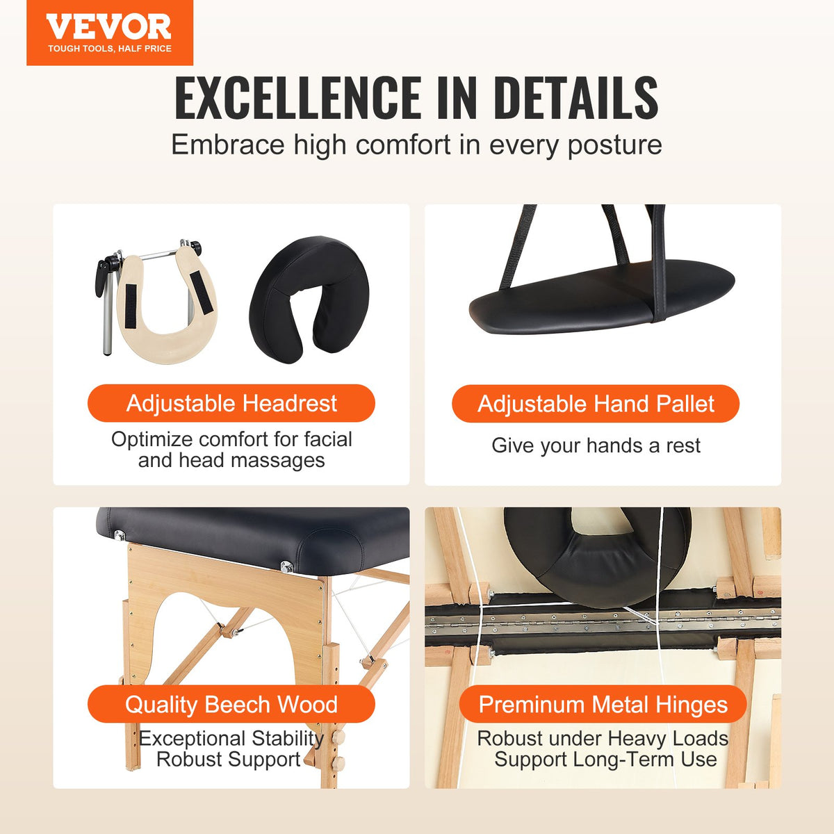 VEVOR Professional Wide Massage Table 30" W, Heavy Duty Folding Massage Table,  8-Level Height Adjustable Facial Salon Tattoo Bed, Portable Spa Table with Headrest, Hand Pallet & Carrying Bag, 750LBS - BXSAMCZYK750OS6CZV0 - view 8