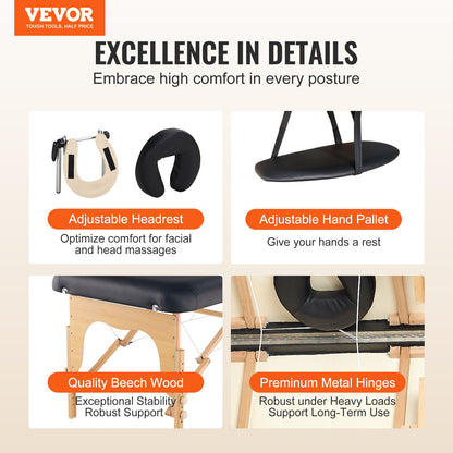 VEVOR Professional Wide Massage Table 30" W, Heavy Duty Folding Massage Table,  8-Level Height Adjustable Facial Salon Tattoo Bed, Portable Spa Table with Headrest, Hand Pallet & Carrying Bag, 750LBS - BXSAMCZYK750OS6CZV0 - view 8