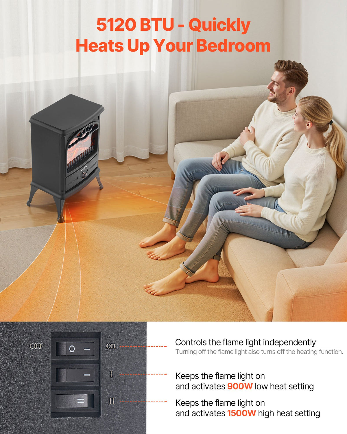 VEVOR 22.8inch Freestanding Fireplaces, 1500W 5120BTU Portable Electric Fireplace Stove Heater, with Overheating Protection,Realistic Flames,for Living Room,Bedroom,Study,Dining Room Warmth,Black - BXSBL22INCHHNTQQW001V1 - view 4