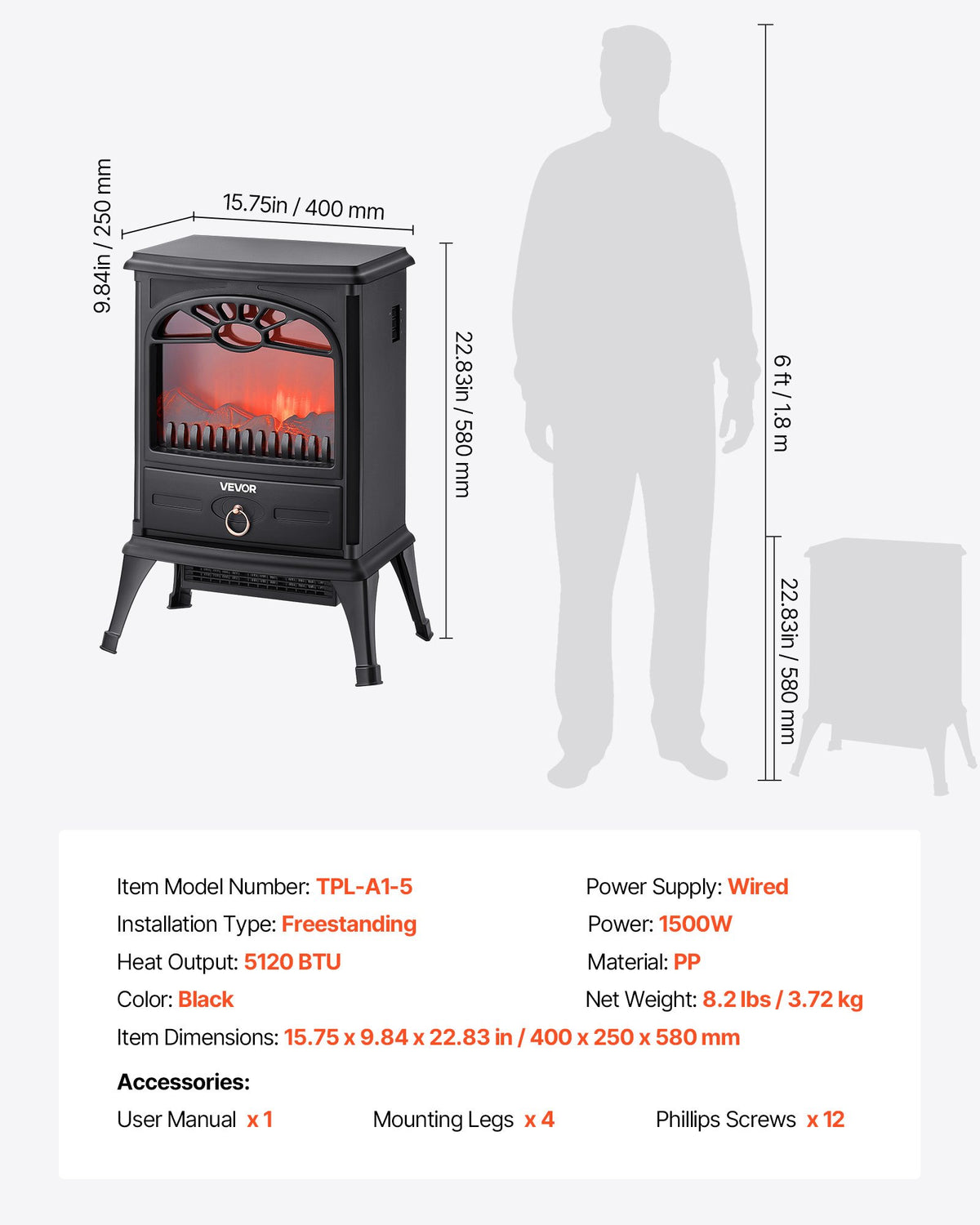 VEVOR 22.8inch Freestanding Fireplaces, 1500W 5120BTU Portable Electric Fireplace Stove Heater, with Overheating Protection,Realistic Flames,for Living Room,Bedroom,Study,Dining Room Warmth,Black - BXSBL22INCHHNTQQW001V1 - view 8