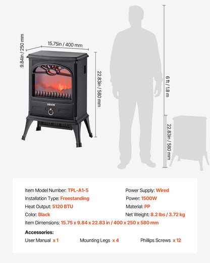 VEVOR 22.8inch Freestanding Fireplaces, 1500W 5120BTU Portable Electric Fireplace Stove Heater, with Overheating Protection,Realistic Flames,for Living Room,Bedroom,Study,Dining Room Warmth,Black - BXSBL22INCHHNTQQW001V1 - view 8