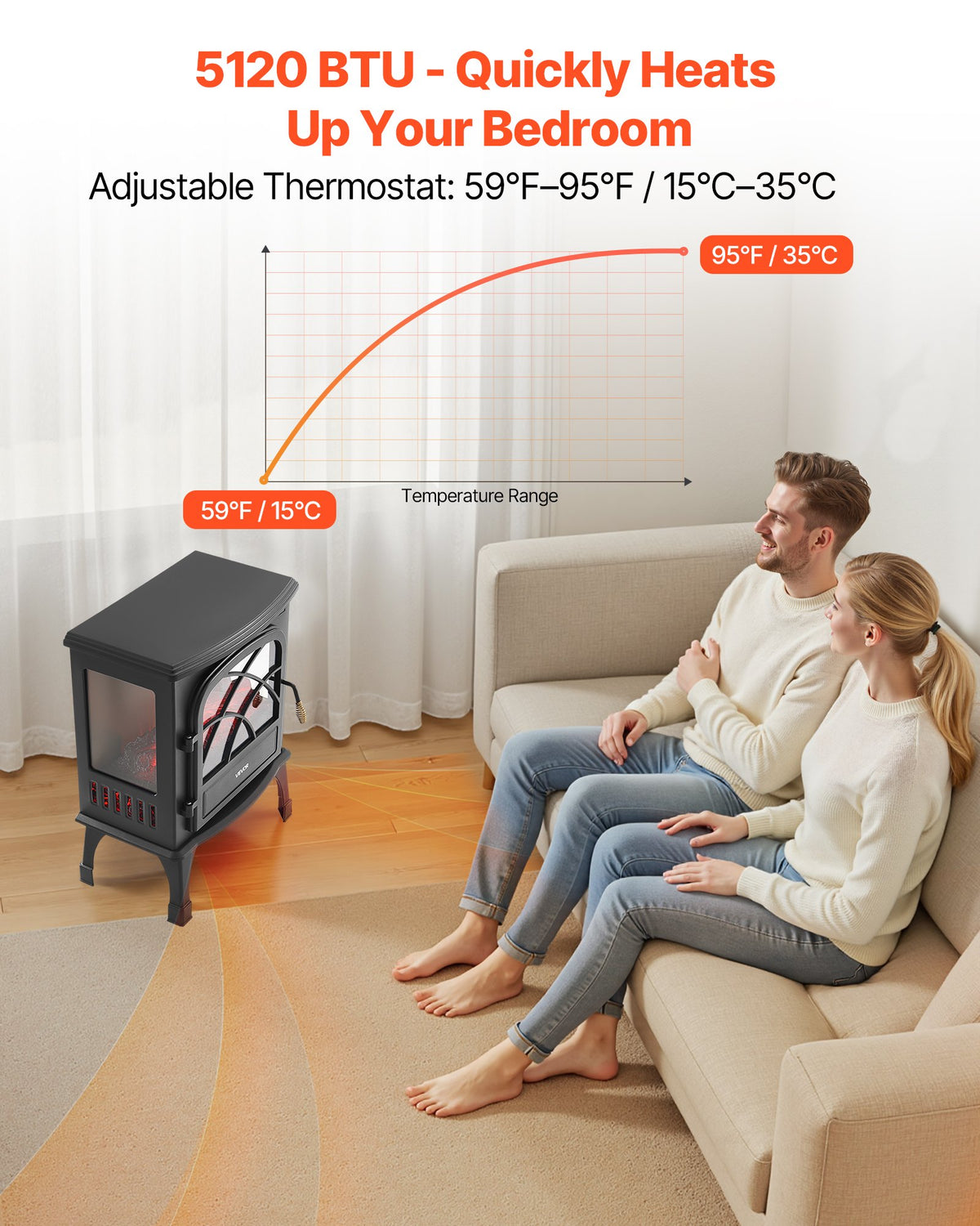 VEVOR 25.5inch Freestanding Fireplaces, 1500W 5120BTU Portable Electric Fireplace Stove Heater, with Overheating Protection,Adjustable Flames,Timer, Remote,for Living Room,Bedroom,Black - BXSBL24INCHHR8CGG001V1 - view 4