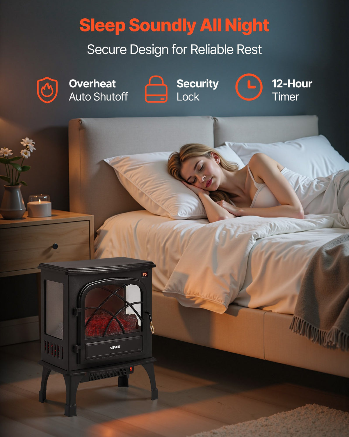 VEVOR 25.5inch Freestanding Fireplaces, 1500W 5120BTU Portable Electric Fireplace Stove Heater, with Overheating Protection,Adjustable Flames,Timer, Remote,for Living Room,Bedroom,Black - BXSBL24INCHHR8CGG001V1 - view 7